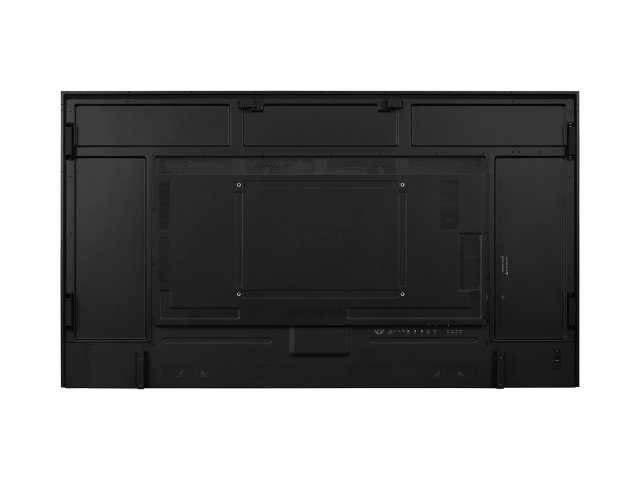 Il retro di un grande display nero che mostra prese d'aria e pannelli di connessione.