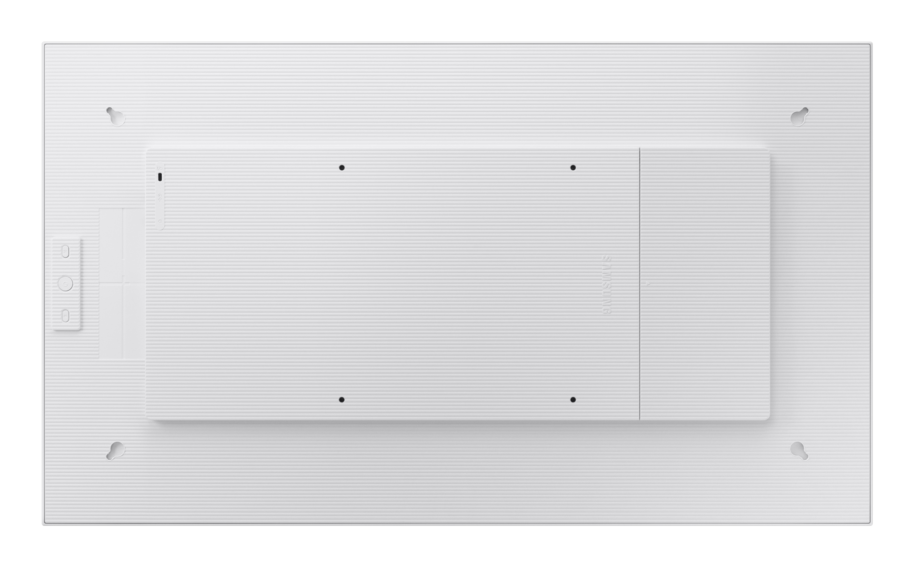 Parte posterior de un televisor blanco con orificios para montaje en pared y logotipo de Samsung.