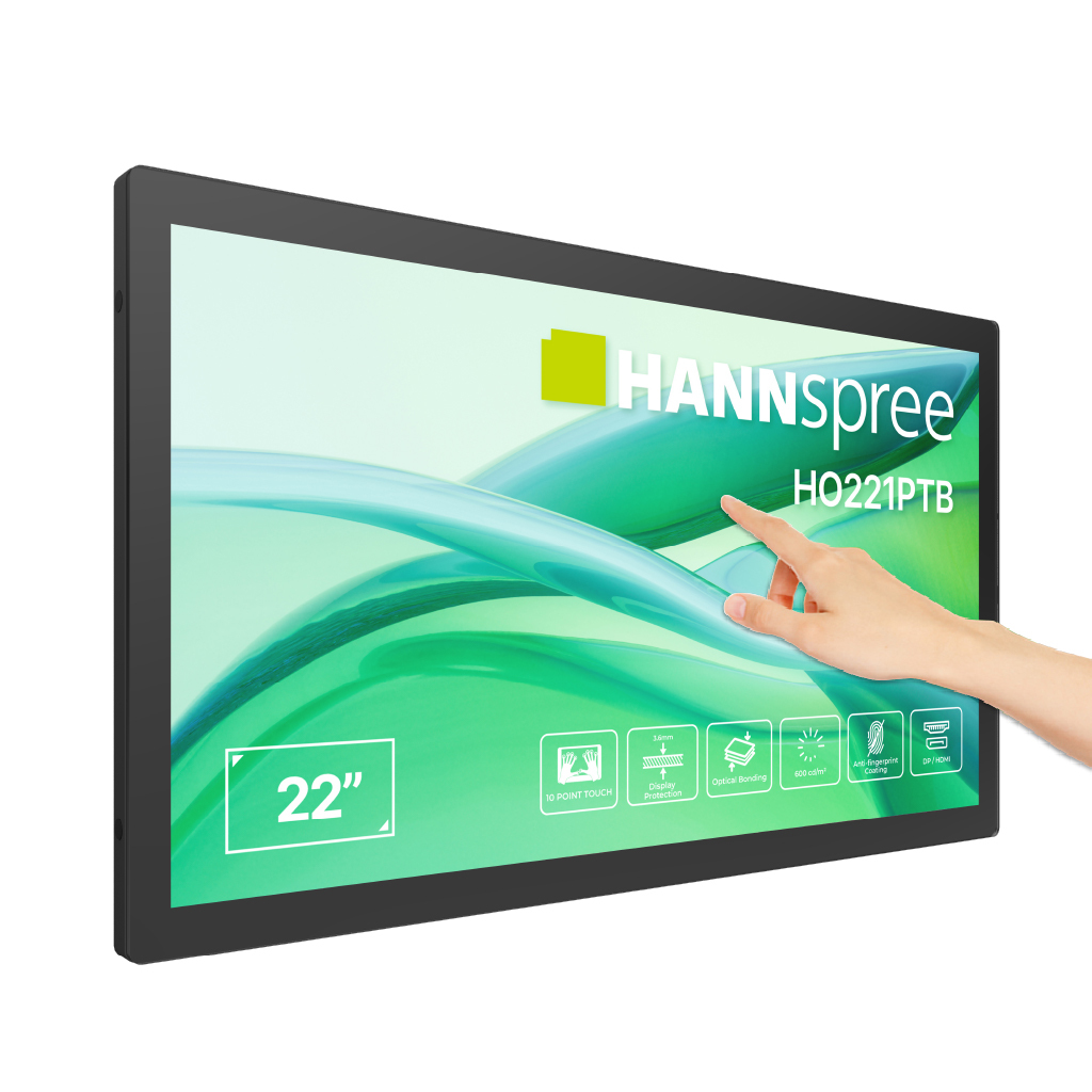 Un monitor touchscreen HANNSpree da 22 pollici, modello HO221PTB, con un dito che tocca lo schermo.