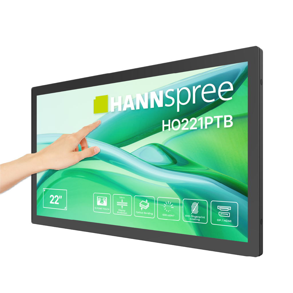 Un monitor touchscreen Hanns-Gree da 22 pollici con un dito che lo tocca.