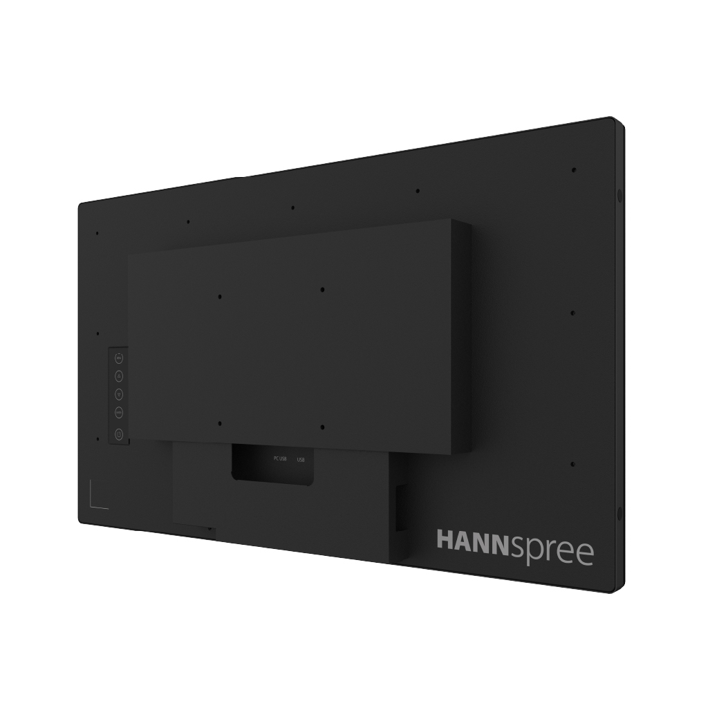 Vista posteriore di un monitor nero con porte e logo.