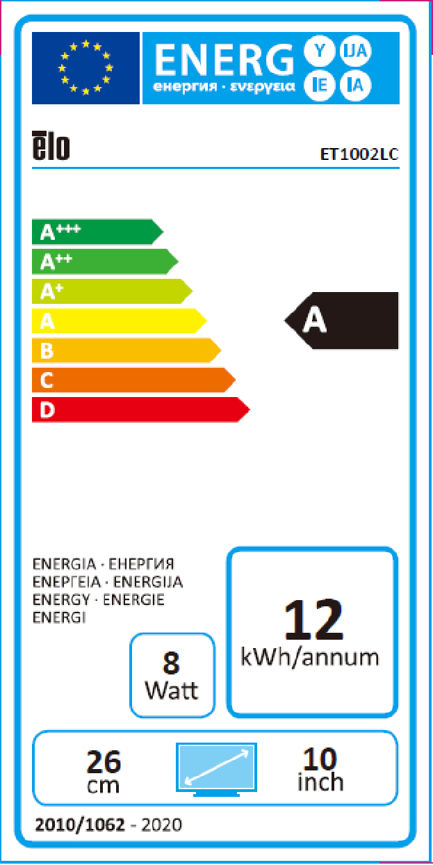 Etichetta di efficienza energetica per un dispositivo Elo ET1002LC classe A.