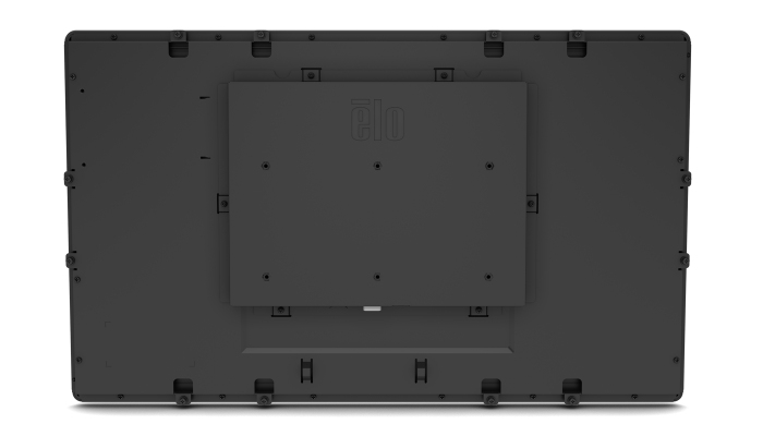 Rückseite eines schwarzen Touchscreens mit Elo-Logo und Montagepunkten.