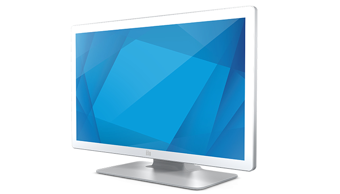 Ein weißer Elo Monitor mit blauem geometrischem Bildschirm auf silbernem Ständer.
