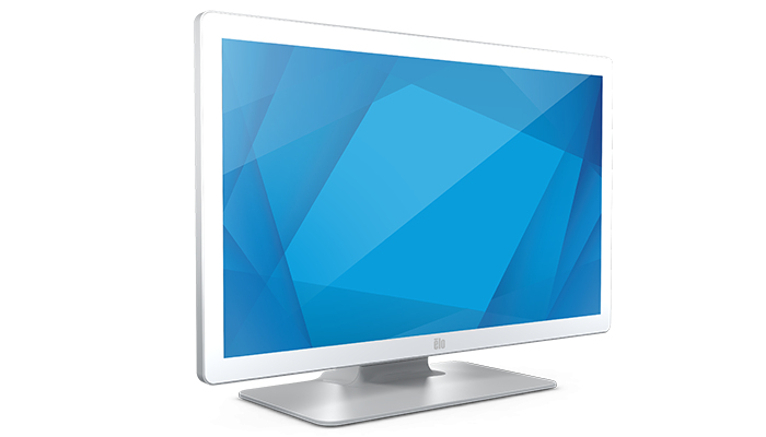 Ein weißer Monitor mit blauem geometrischem Hintergrund steht auf einem silbernen Ständer.