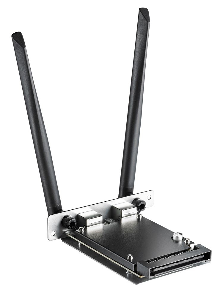 Ein schwarzes Computer-Erweiterungskartendesign mit zwei Antennen und Anschlüssen.