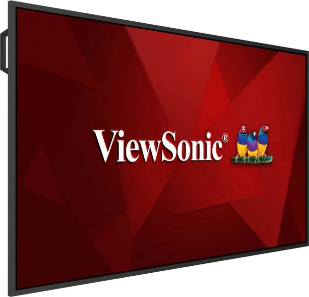 Duży monitor z logo ViewSonic i trzema małymi, kolorowymi ptakami.