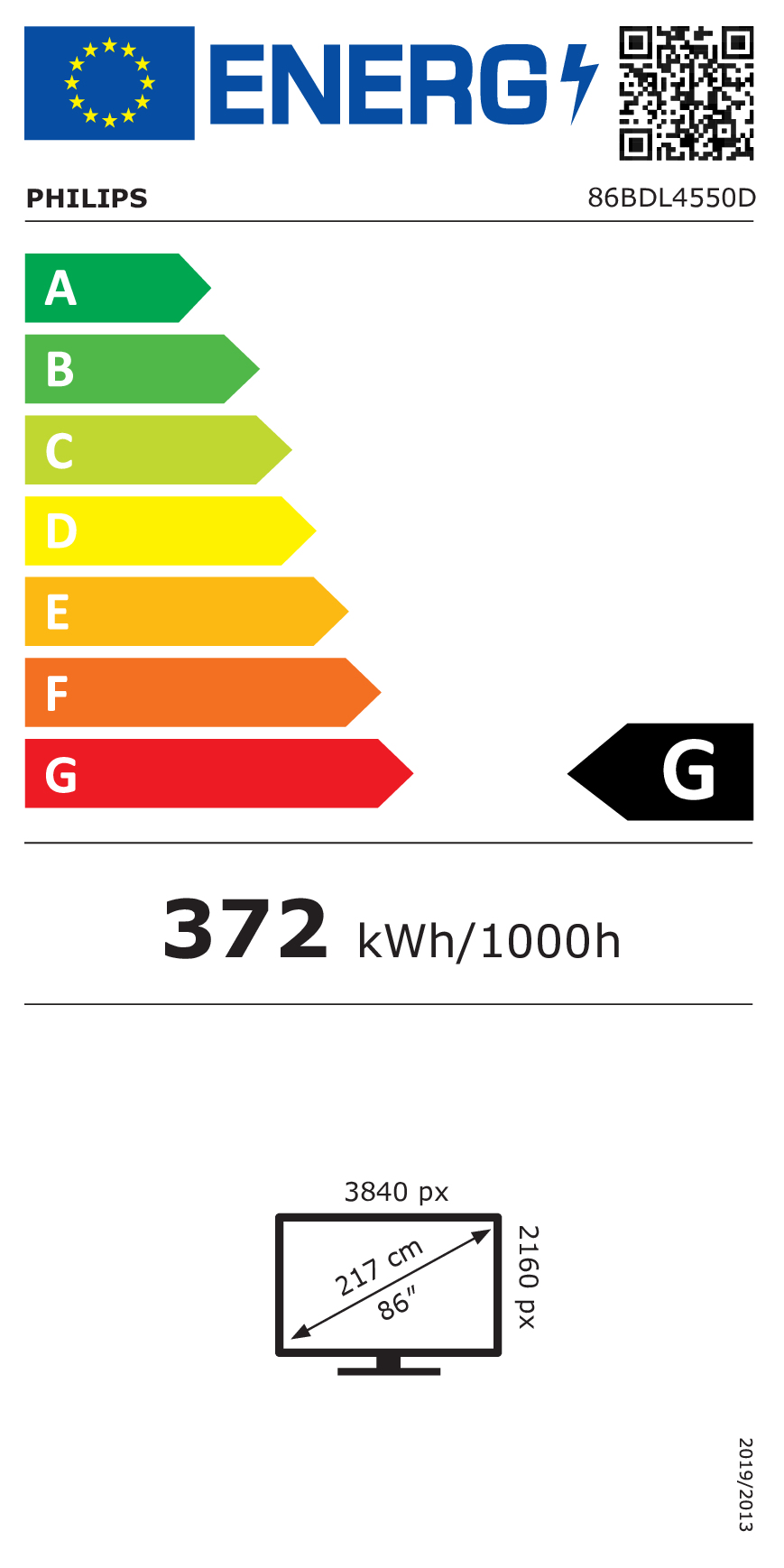 Etichetta di efficienza energetica con logo Philips, classe G, 372 kWh/1000h, TV da 86 pollici.