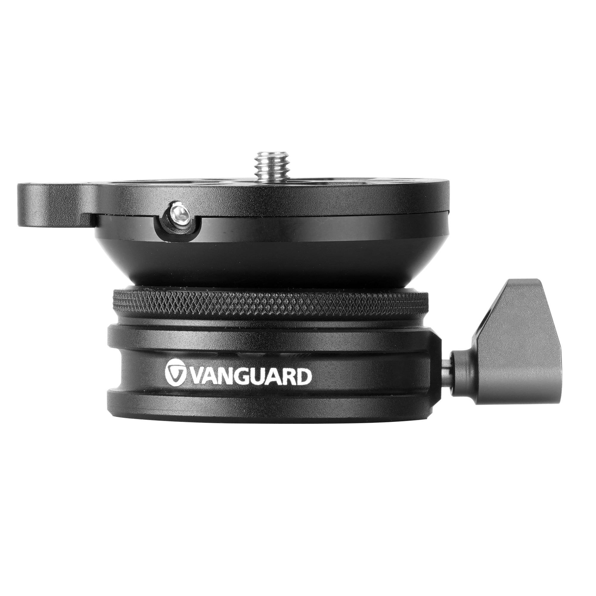 Un adaptador de rótula Vanguard negro con perilla y tornillo plateados.