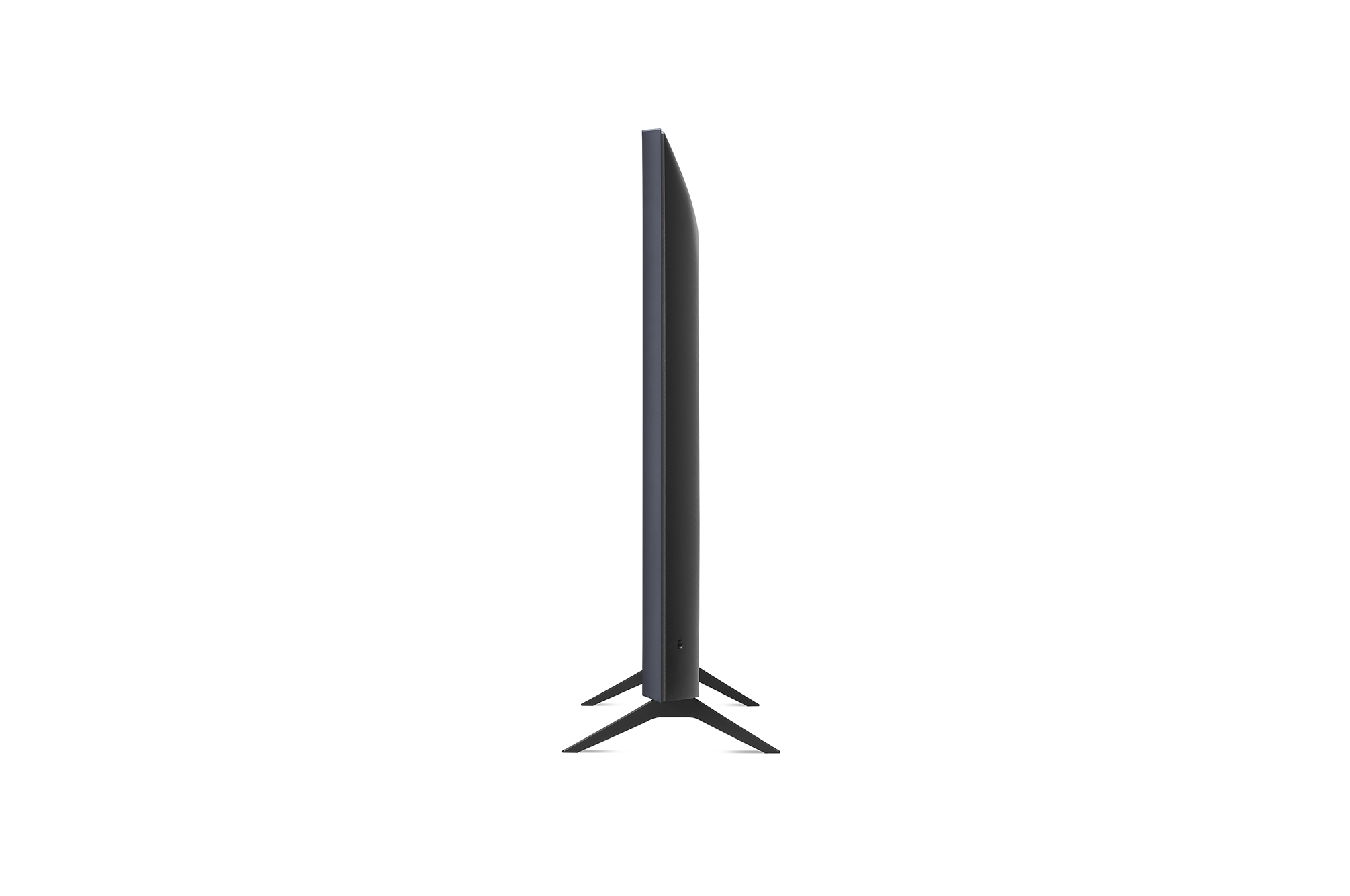 Televisor de pantalla plana negro con dos pies en V, visto de lado.