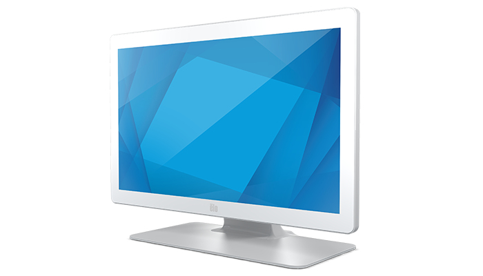Biały monitor z niebieskim geometrycznym abstrakcyjnym tłem.