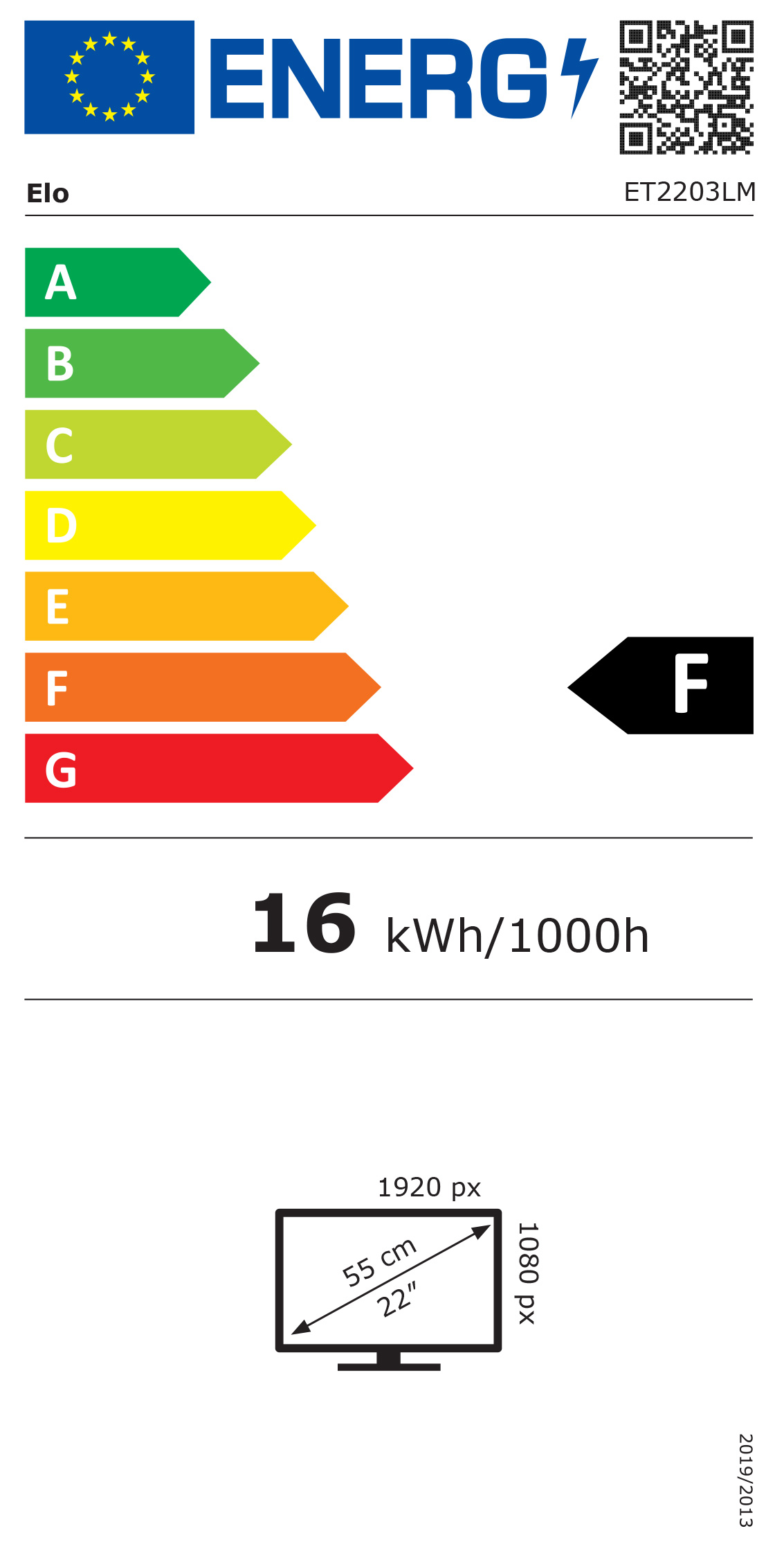 Etykieta energetyczna skala A-G, zużycie 16 kWh/1000h, klasa F.