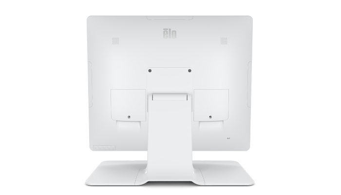 Vista posteriore di un computer Elo bianco con supporto integrato e porte.