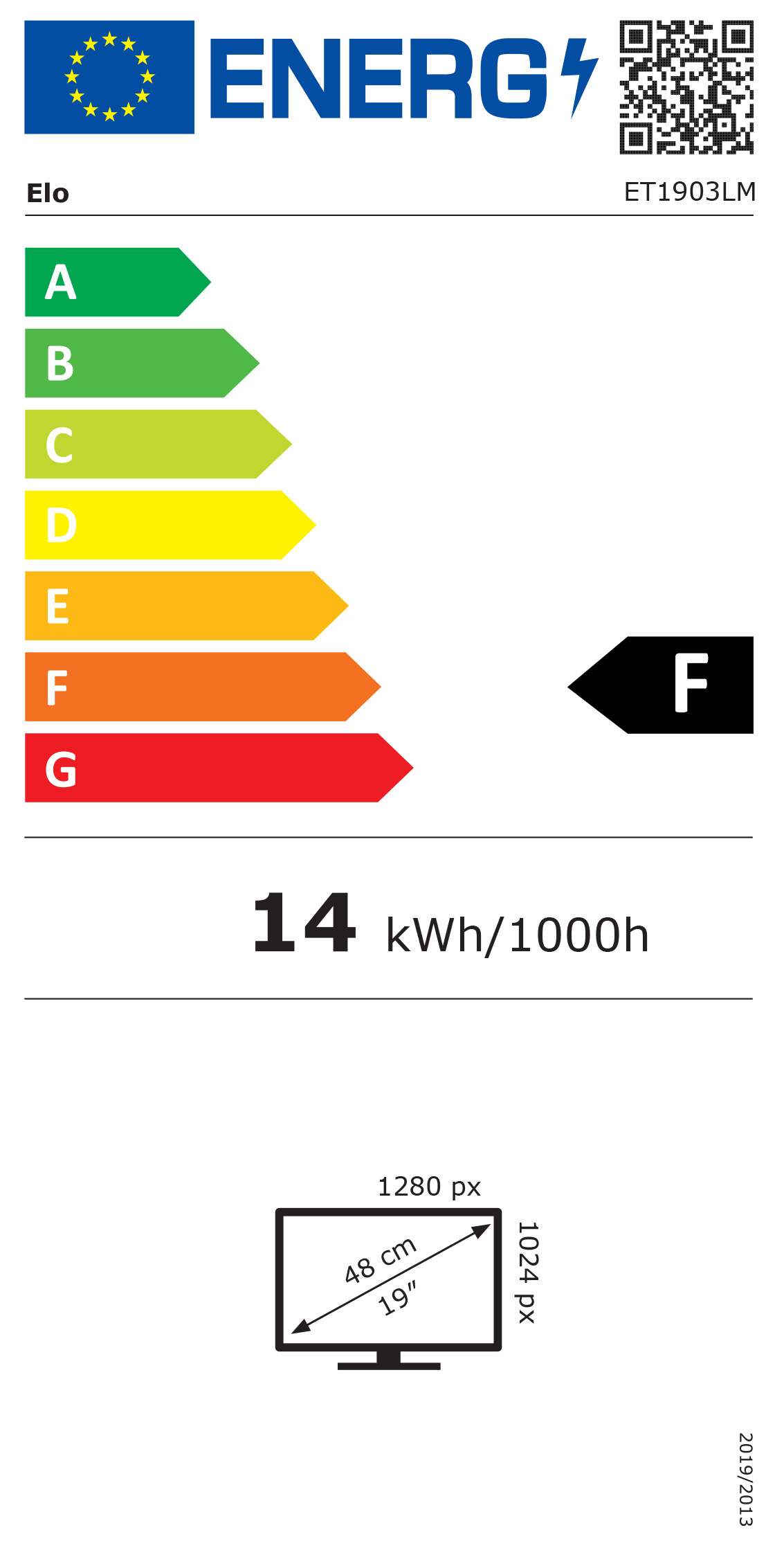 Etichetta energetica con scala A-G, efficienza F, 14 kWh/1000h, schermo da 19 pollici.
