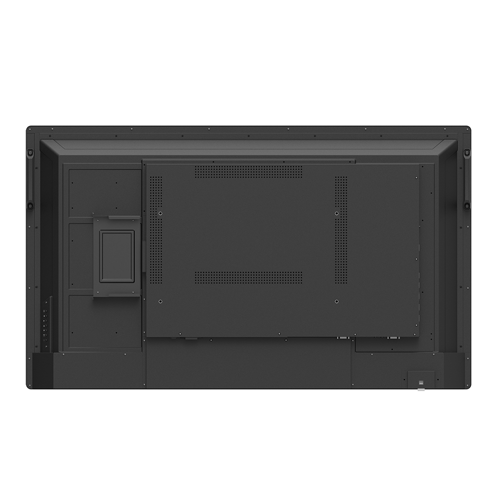 Rückseite eines großen schwarzen Monitors mit vielen Lüftungsschlitzen und Anschlüssen.