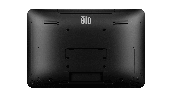 Retro di un tablet Elo nero con griglie altoparlanti e fori di montaggio.