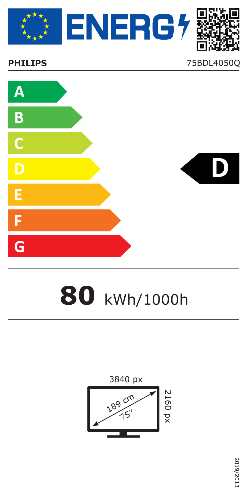 Etichetta energetica: Philips, classe D, 80 kWh/1000h, TV da 75 pollici.