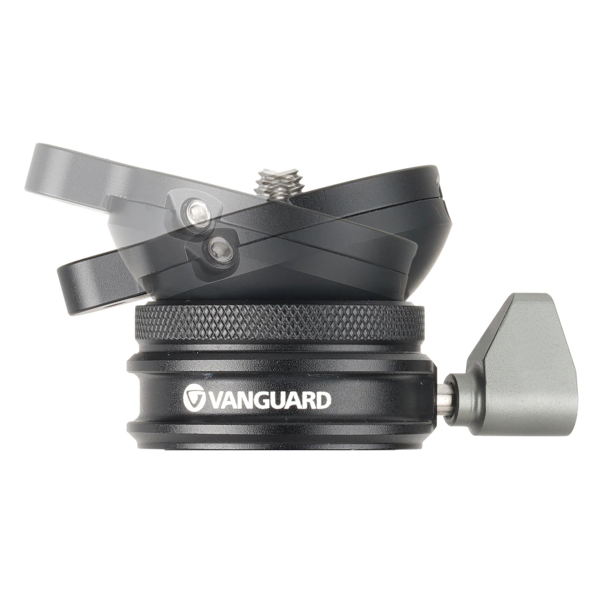 Un adaptador de trípode de rótula Vanguard negro con pomo y tornillo plateados.