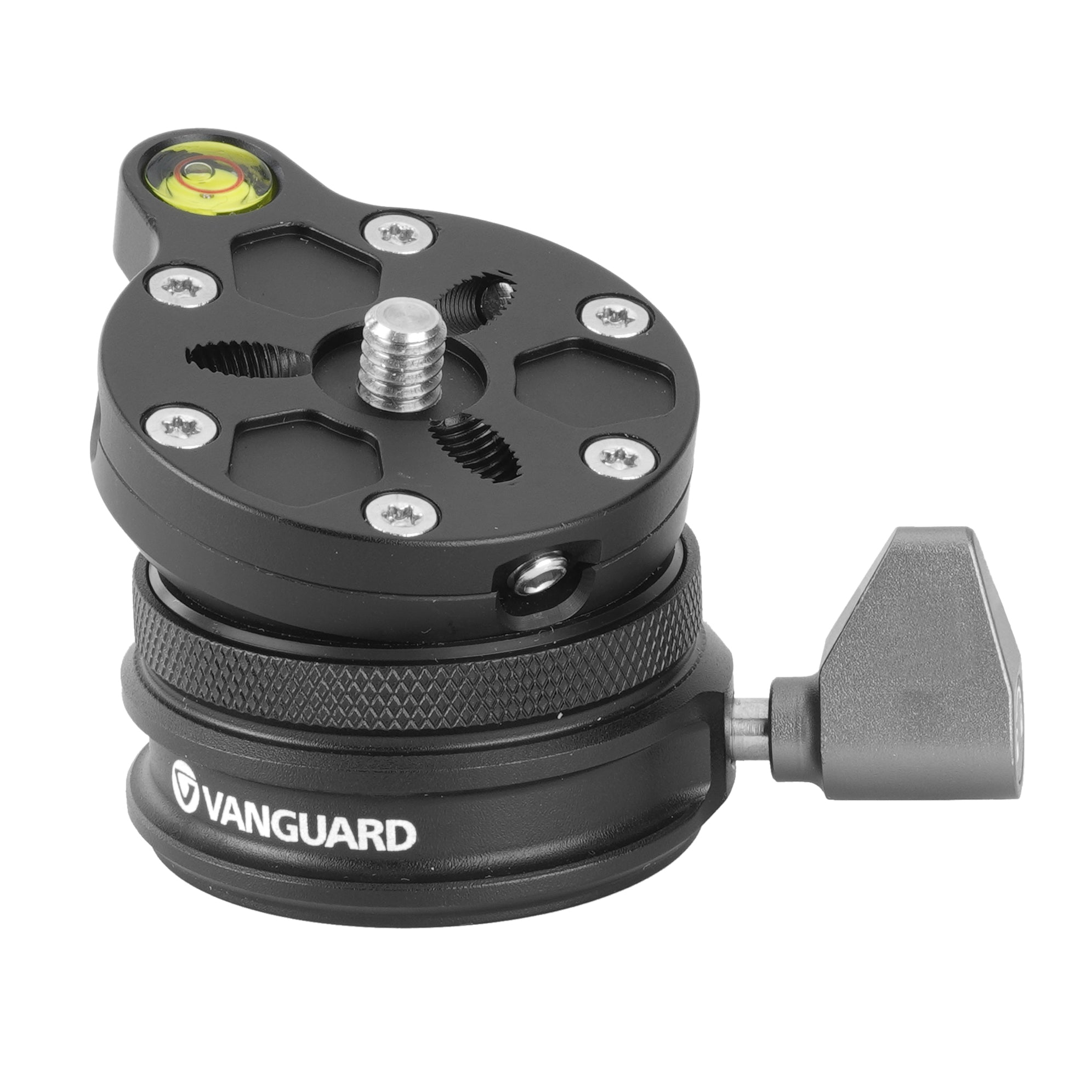 Cabezal de cámara negro con nivel de burbuja y logo Vanguard.