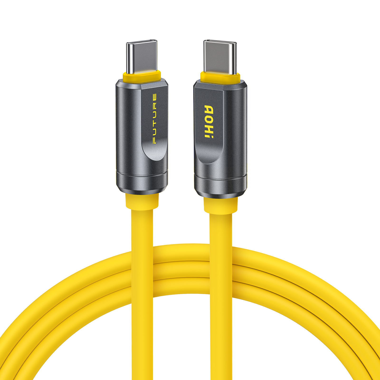 Gri konektörlü ve sarı vurgulu iki sarı USB-C kablosu.