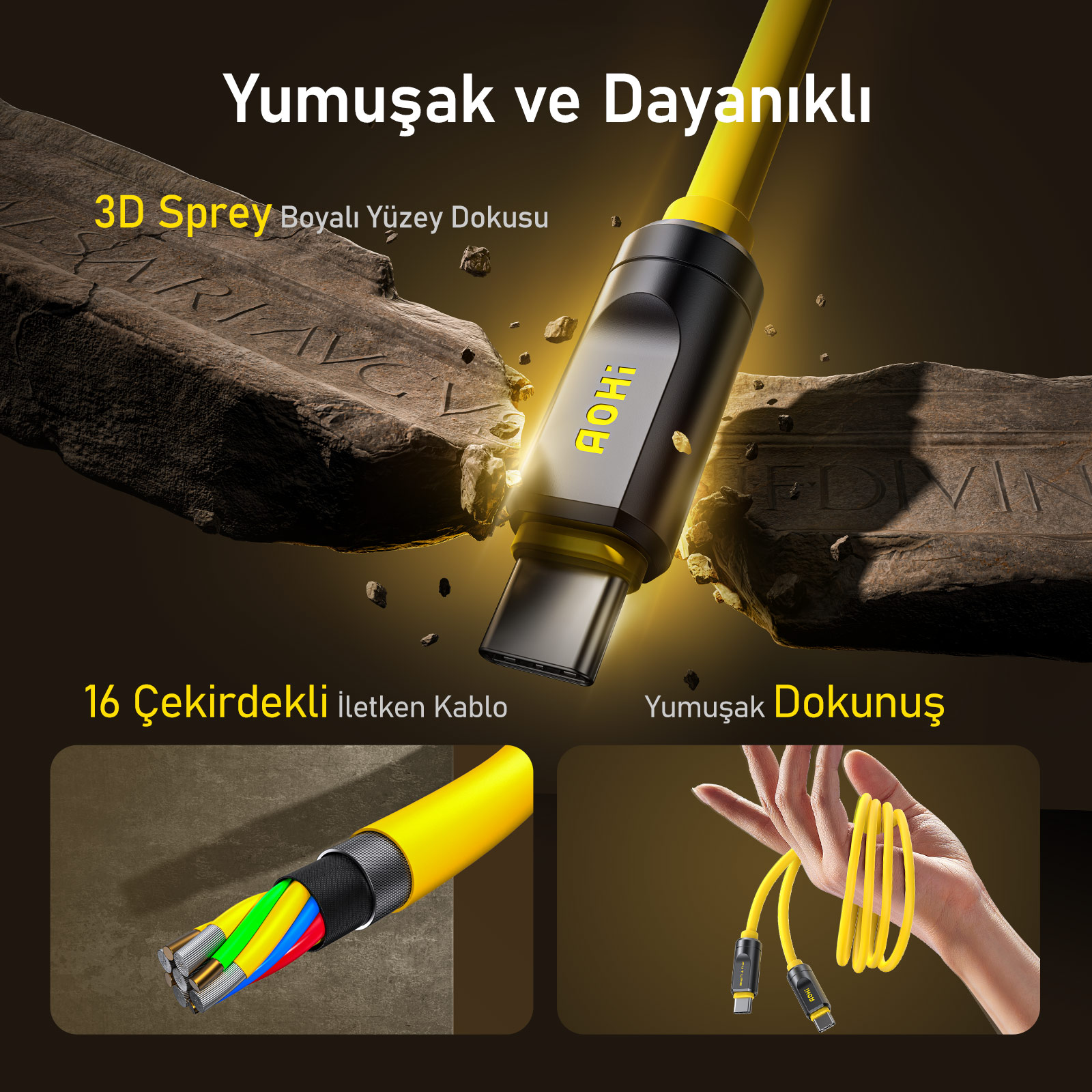Siyah konektörlü sarı kablo taş parçaları üzerinde duruyor. Yakın çekimde kablo kesiti görünüyor.