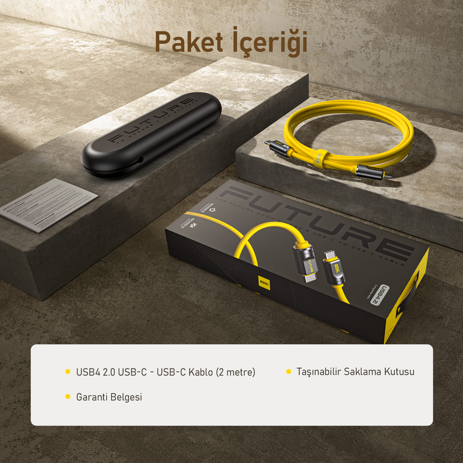 Paket içeriği: Sarı USB4 2.0 USB-C kablo, siyah saklama kutusu, garanti.