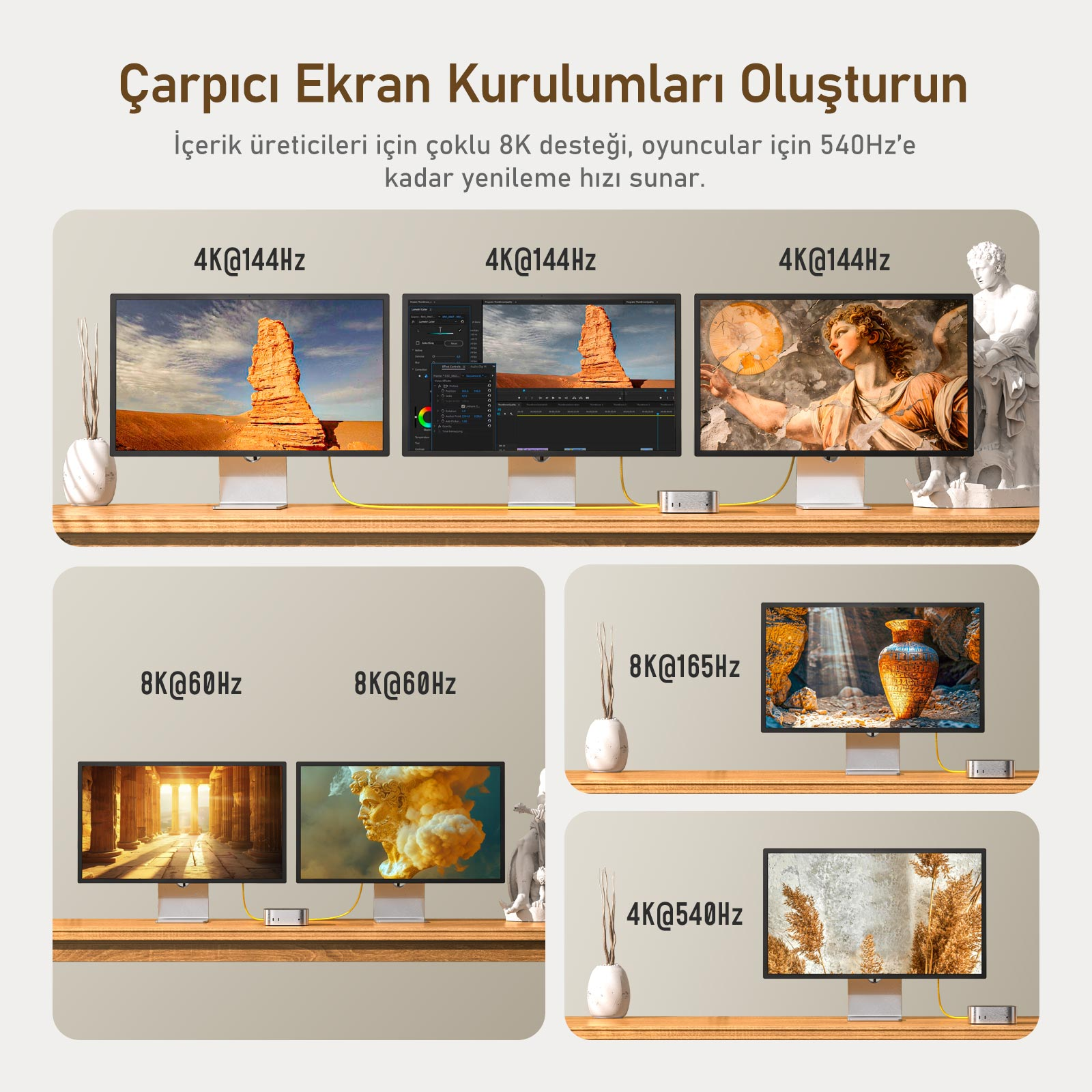 Birden fazla monitör 4K@144Hz, 8K@60Hz, 8K@165Hz ve 4K@540Hz gösteriyor.