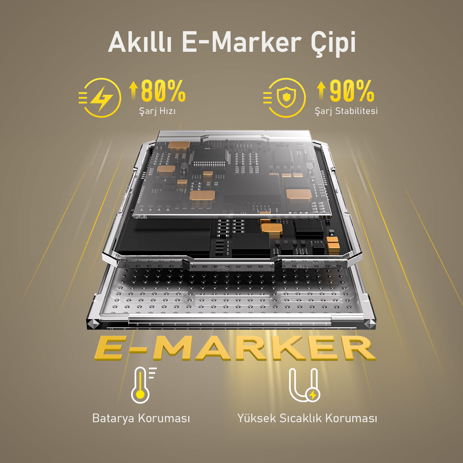 Şarj istatistiklerini gösteren E-Marker çipi: %80 şarj hızı, %90 şarj kararlılığı, pil ve aşırı ısınma koruması.
