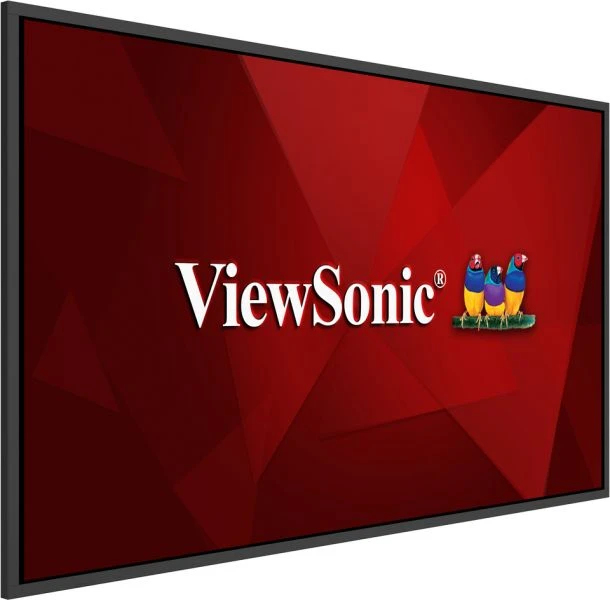 Un monitor con il logo ViewSonic e tre uccelli colorati su sfondo rosso.