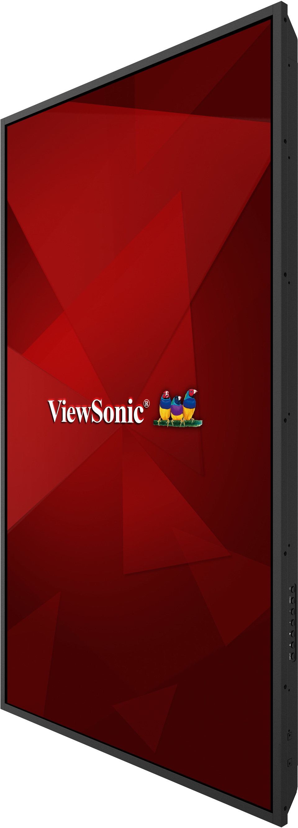 Un grande monitor nero con sfondo geometrico rosso e logo ViewSonic.