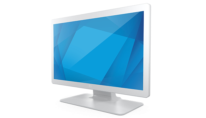 Ein weißer Monitor mit blauem geometrischem Hintergrund steht auf einem weißen Sockel.