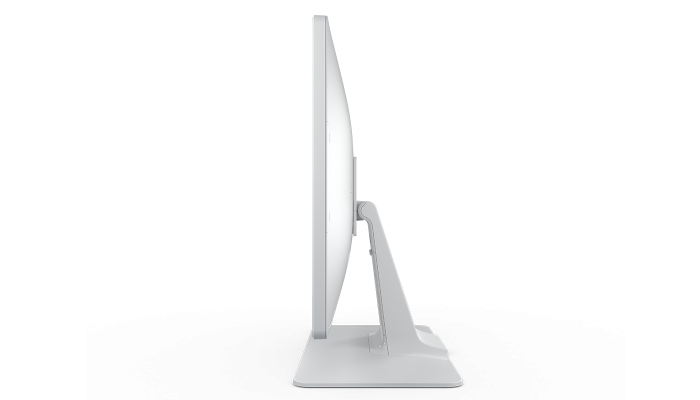 Ein weißer Computermonitor mit Standfuß, von der Seite gesehen.