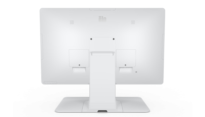 Rückansicht eines weißen Monitors mit integriertem Ständer auf weißem Hintergrund.