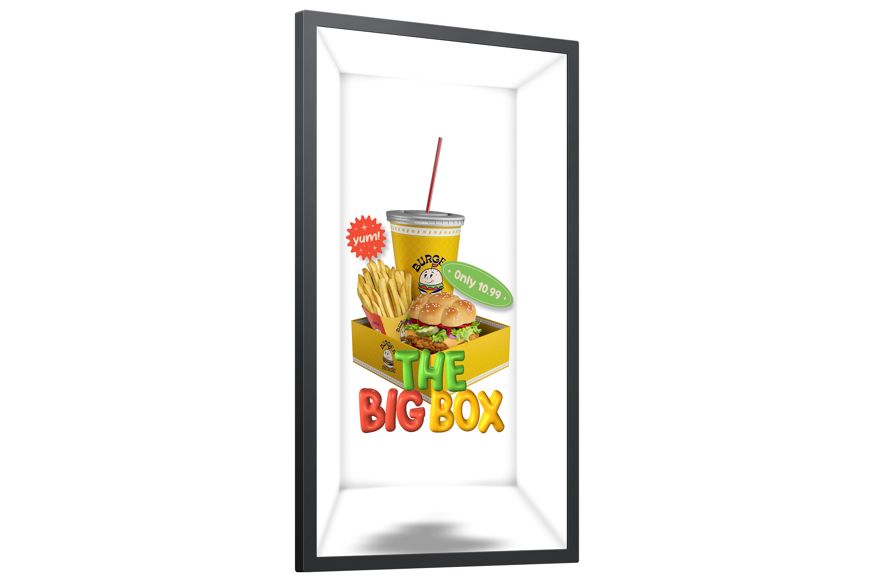 Ein Big-Box-Menü mit Burger, Pommes und Getränk, Preis 10.99.