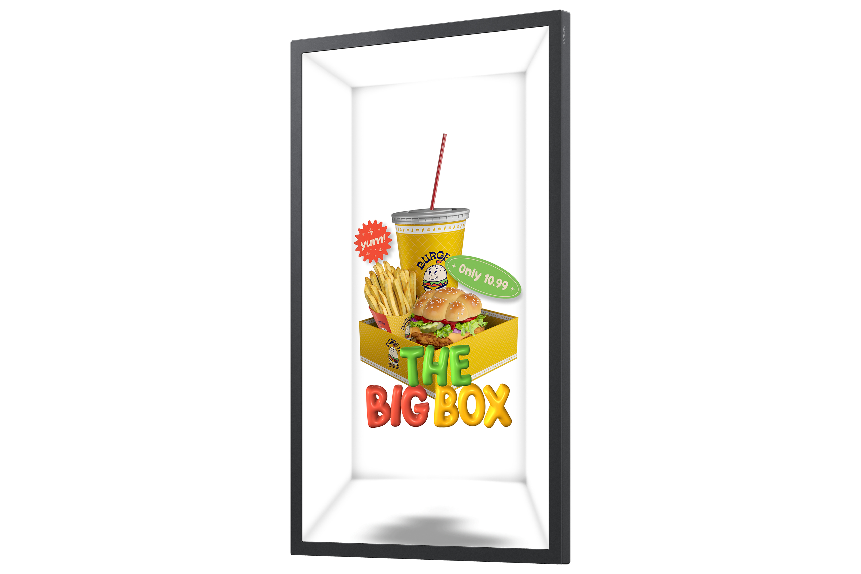 Ein Burger, Pommes und ein Getränk in einer gelben Box mit Text.
