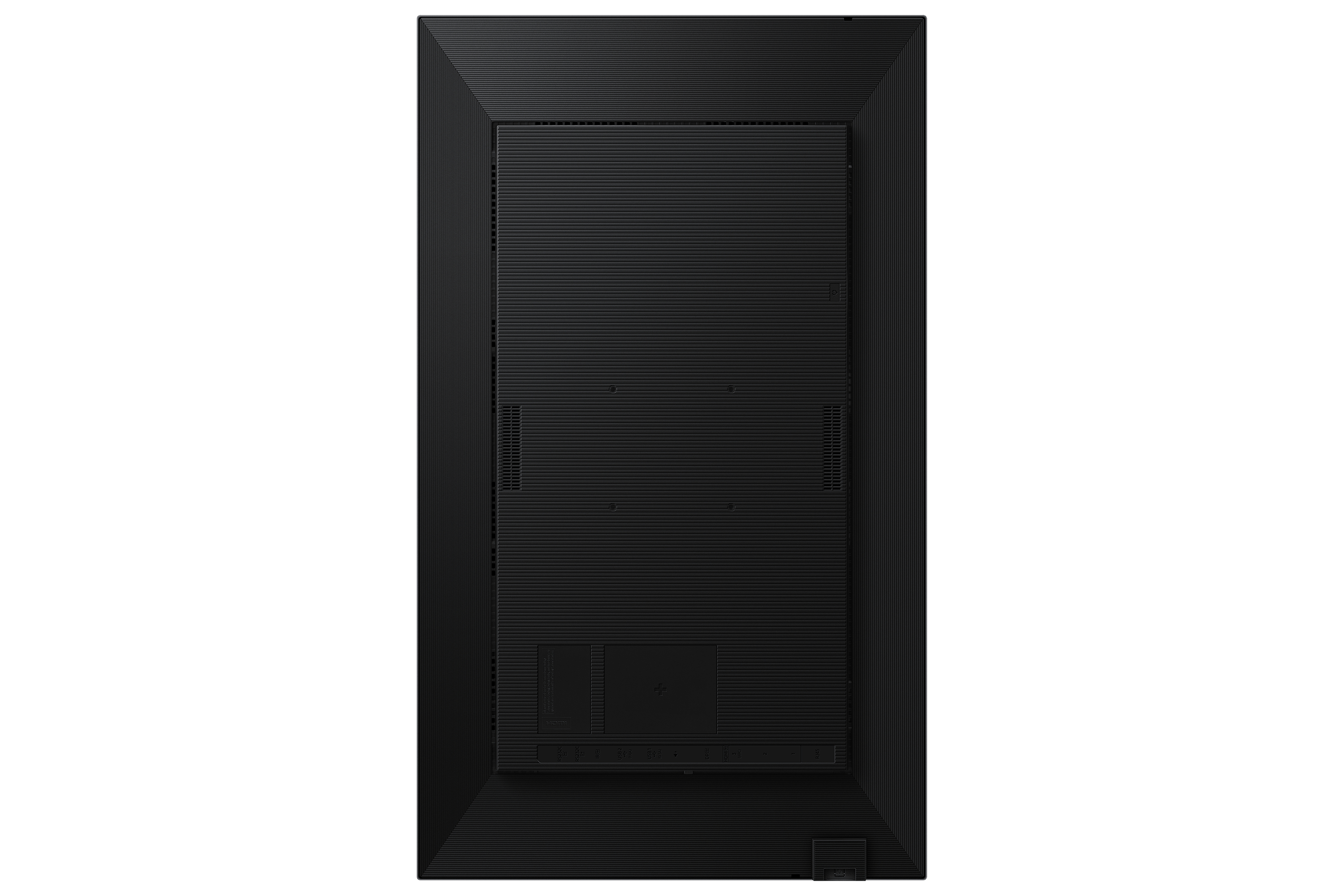 Rückseite eines schwarzen, rechteckigen Displays mit Lüftungsschlitzen und Anschlüssen.