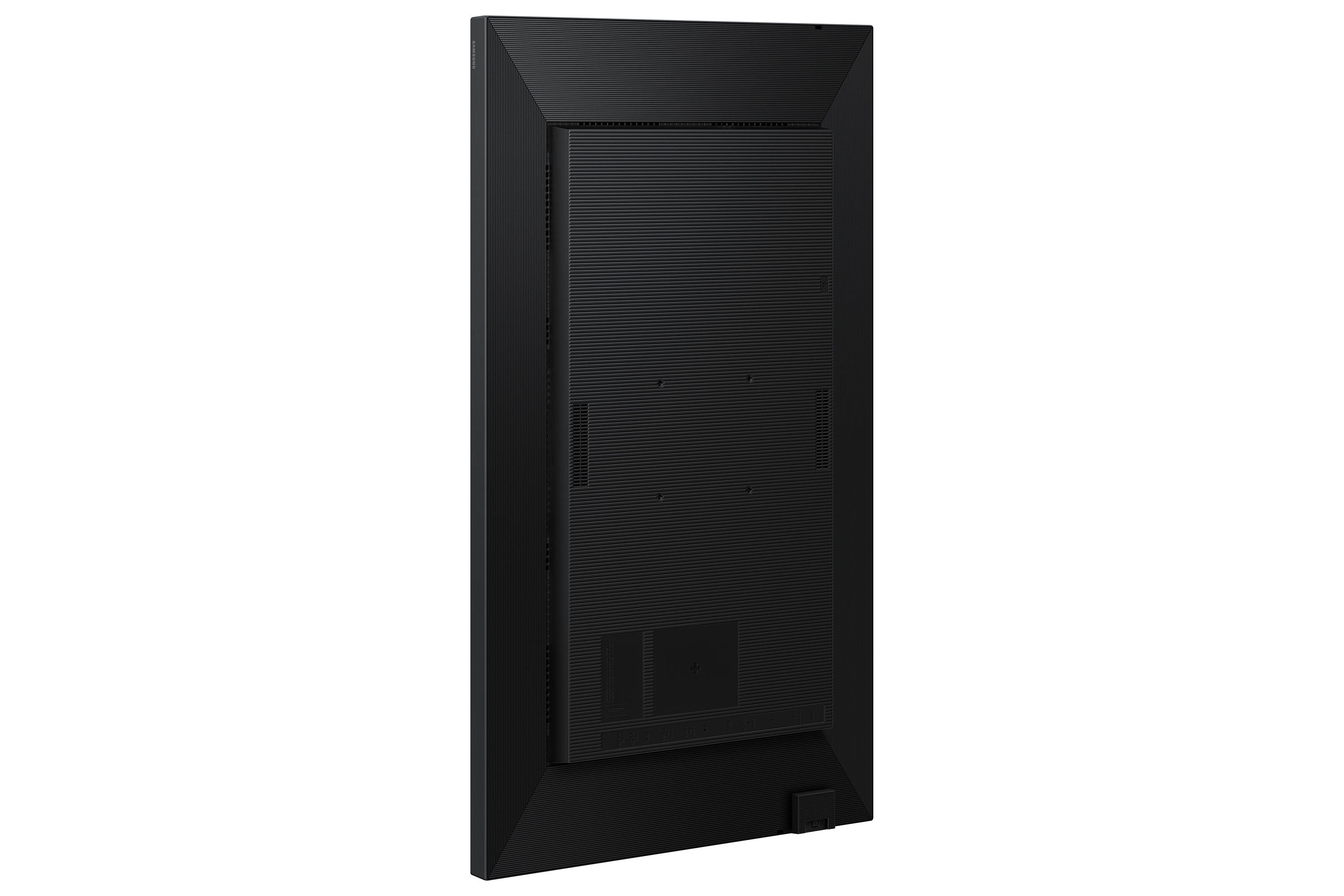 Rückseite eines schwarzen, rechteckigen Displays mit Lüftungsschlitzen und Anschlüssen.