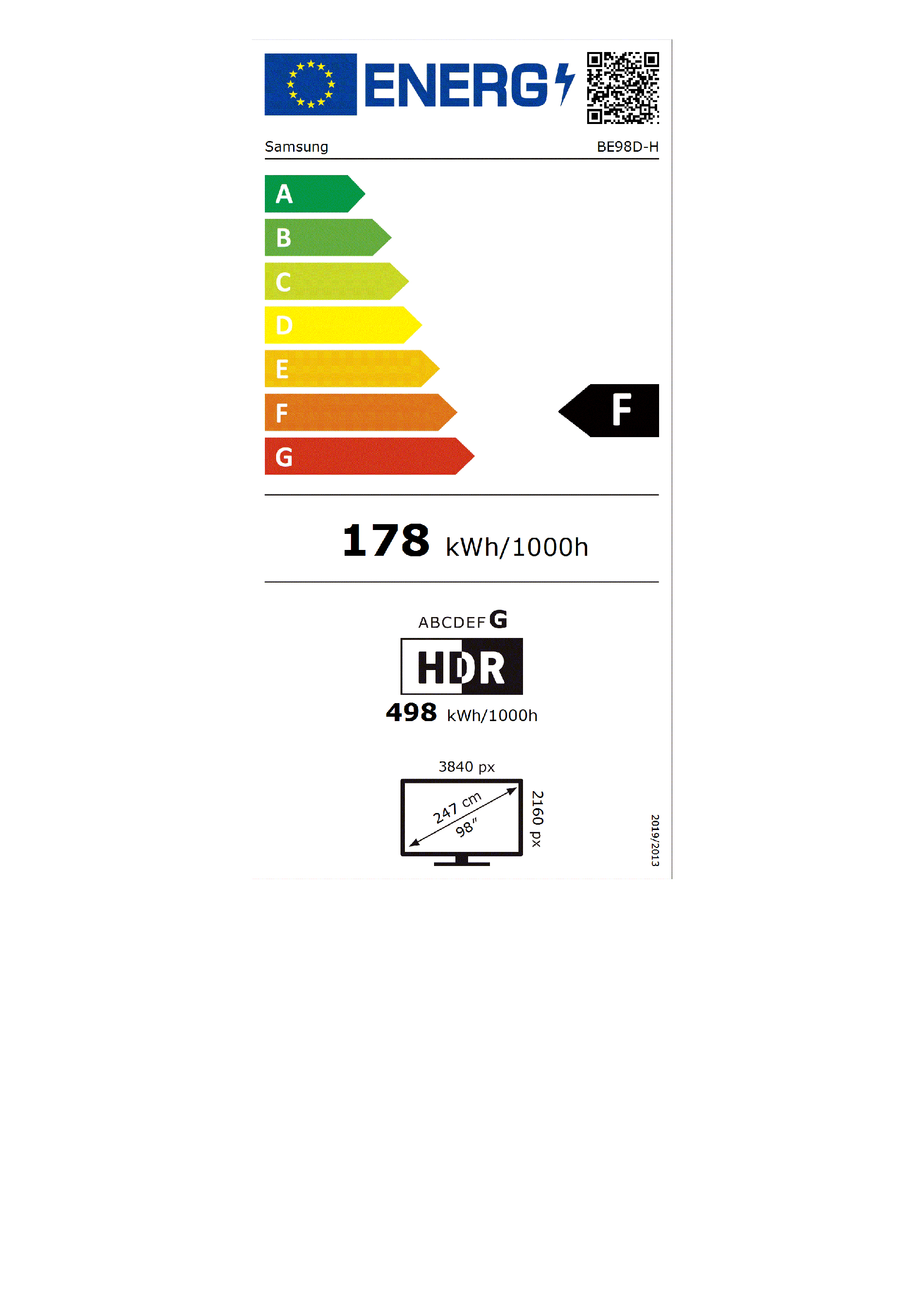 Samsung BE98D-H: Classe efficienza energetica F, 178 kWh/1000h, HDR, 3840x2160px.