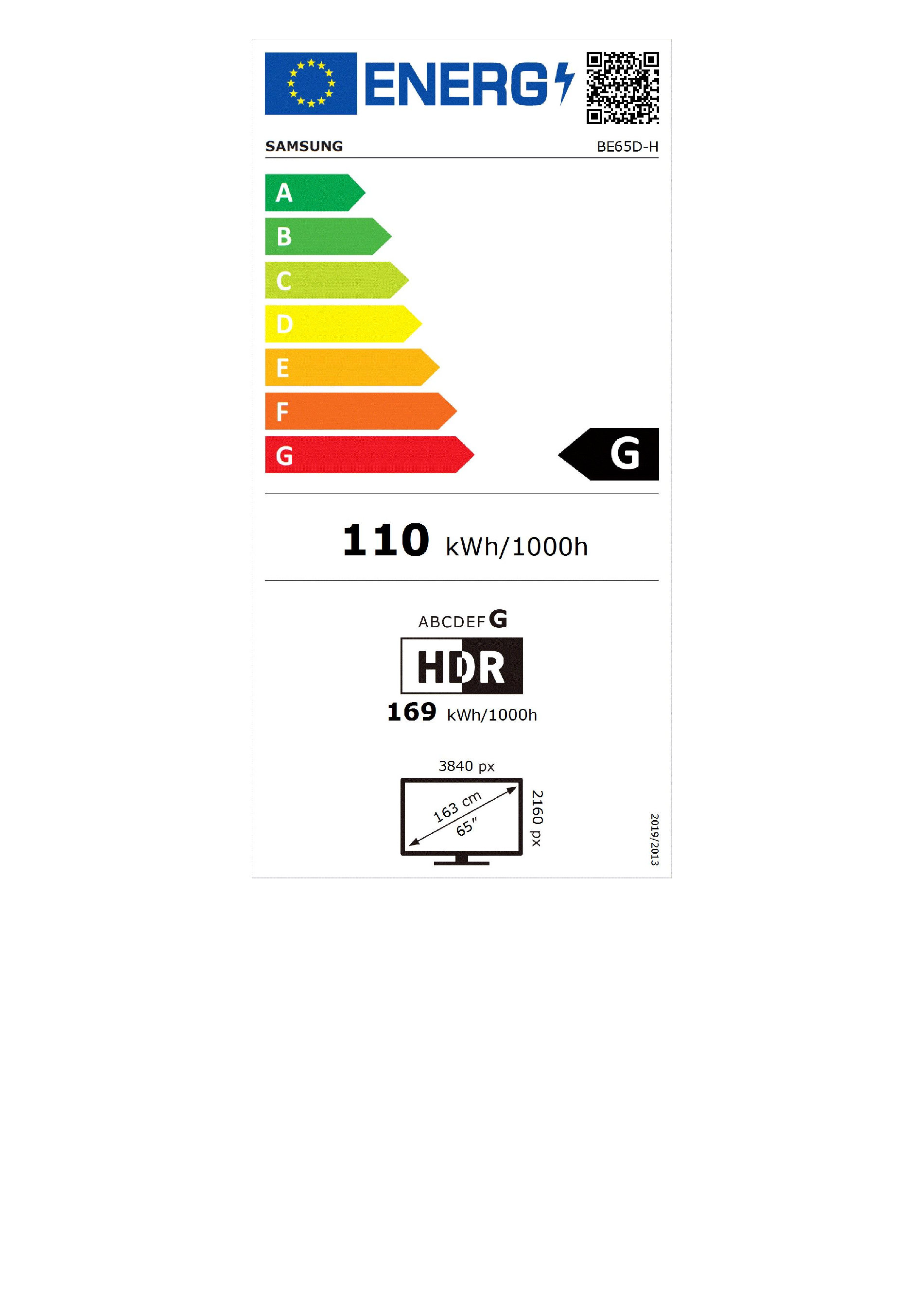 Etichetta energetica Samsung classe G, 110 kWh/1000h, HDR, schermo da 65 pollici.