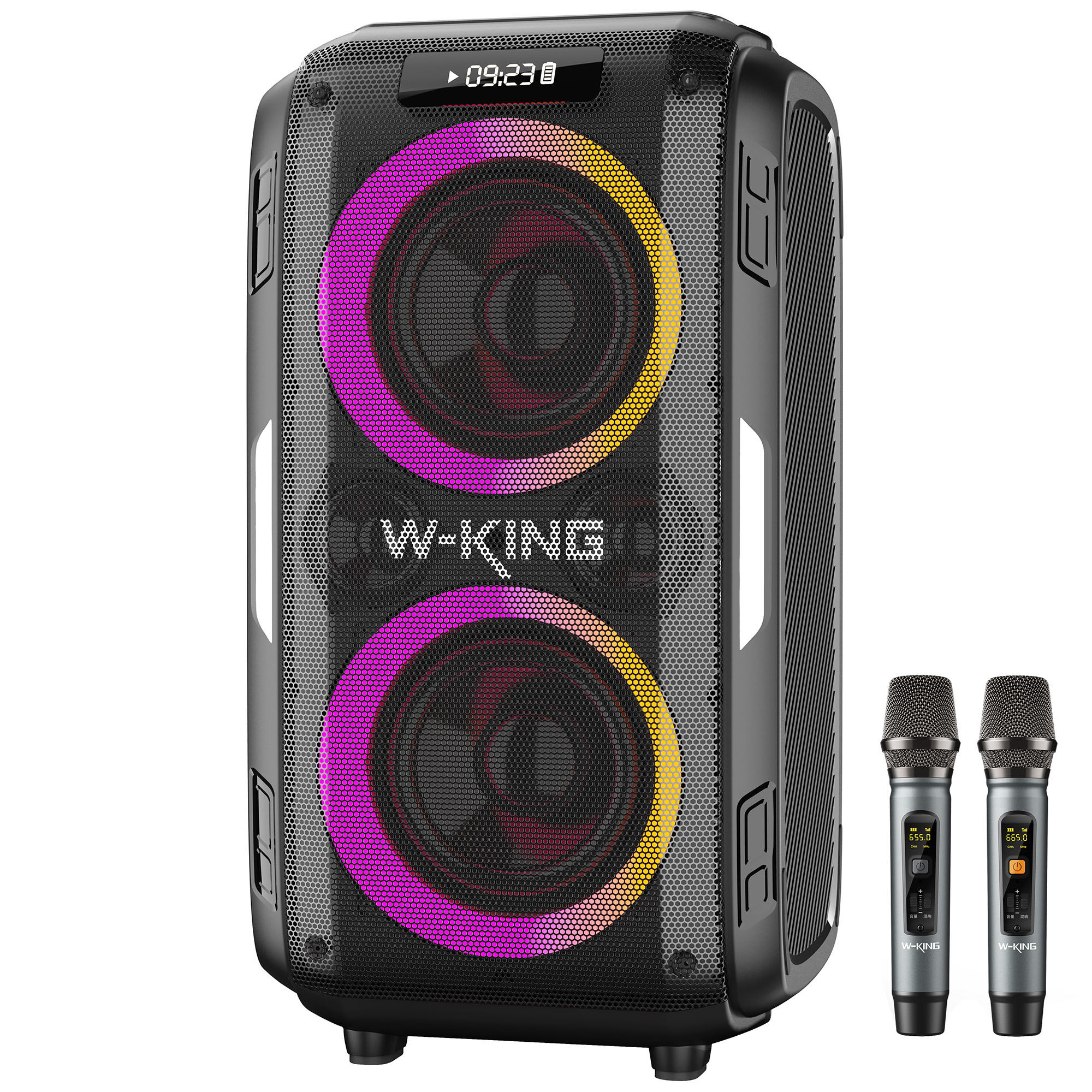 Pembe ve sarı ışıklı siyah W-KING Bluetooth hoparlör ve iki mikrofon.