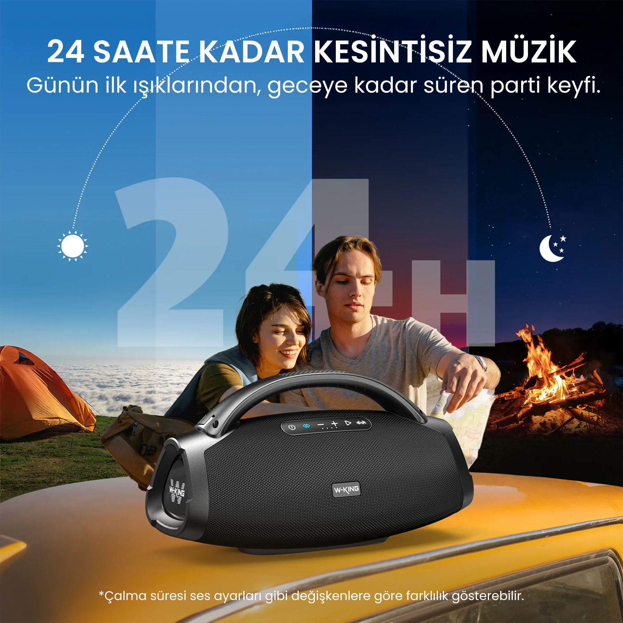 Bir çift hoparlörden müzik dinliyor, gündüz ve gece. Kamp malzemeleri ve ateş.