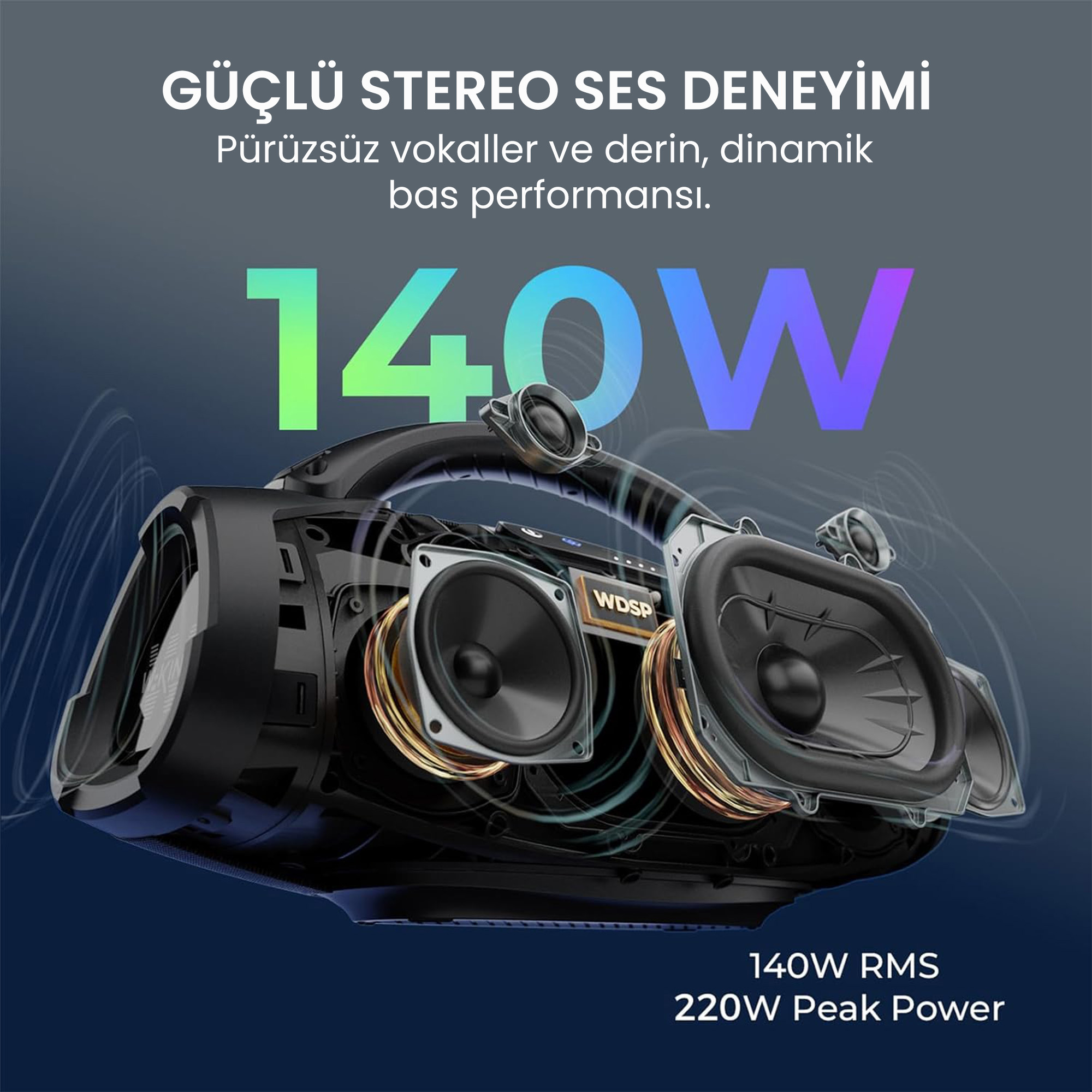 140W, detaylı sürücüler ve altın bobinlere sahip siyah hoparlör.