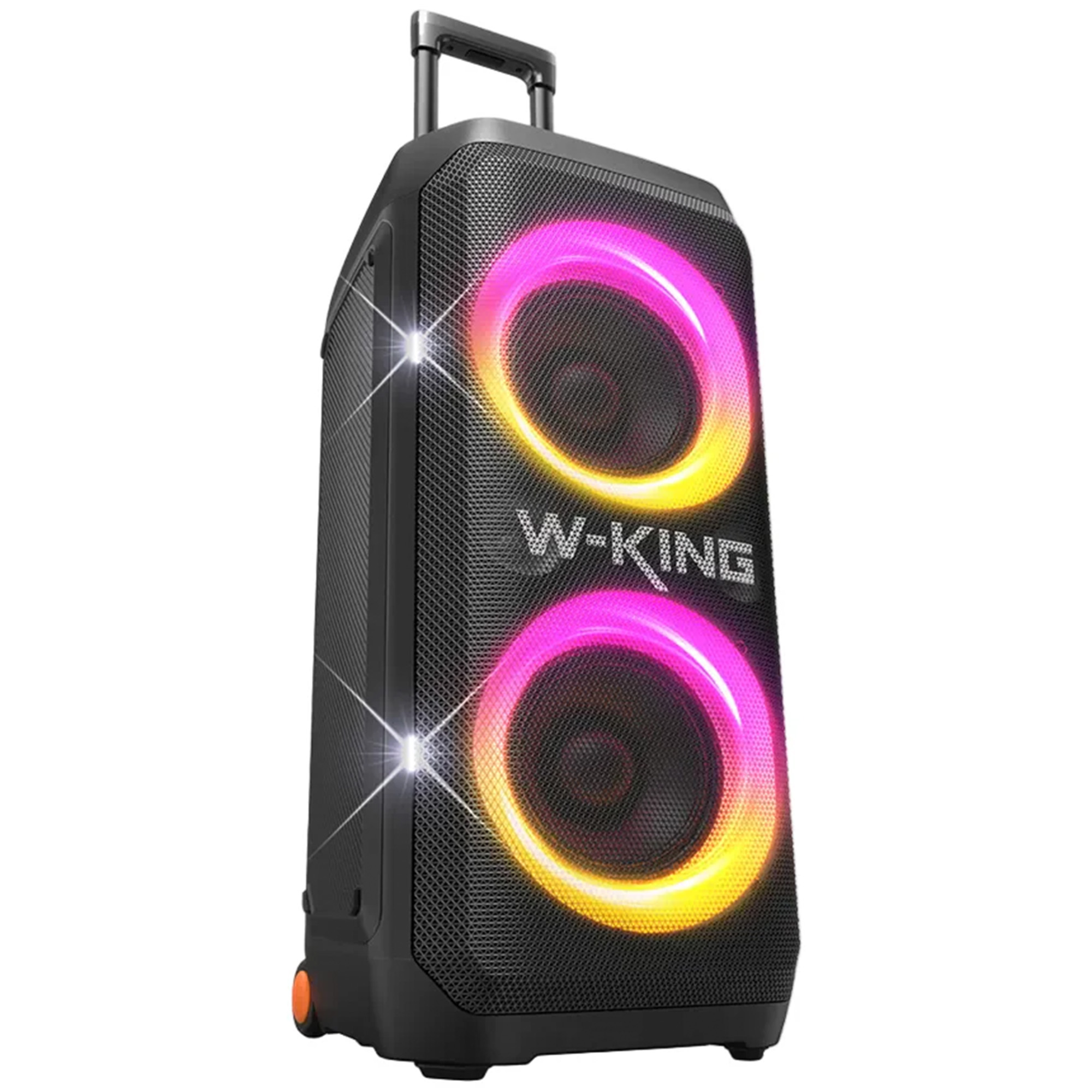 Renkli ışıklı, tekerlekli siyah W-KING hoparlör.