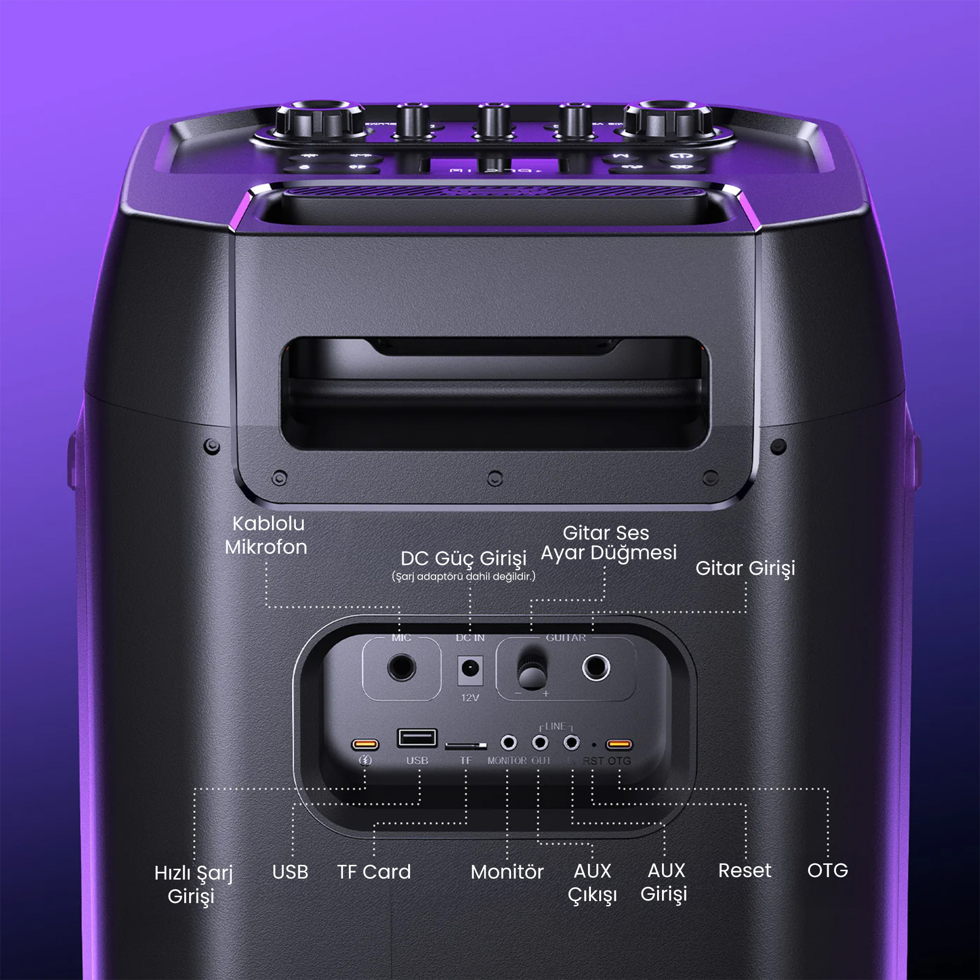 Siyah hoparlörün arkası: MIC, DC IN, Gitar, USB, TF Kart, Monitör, AUX girişleri.