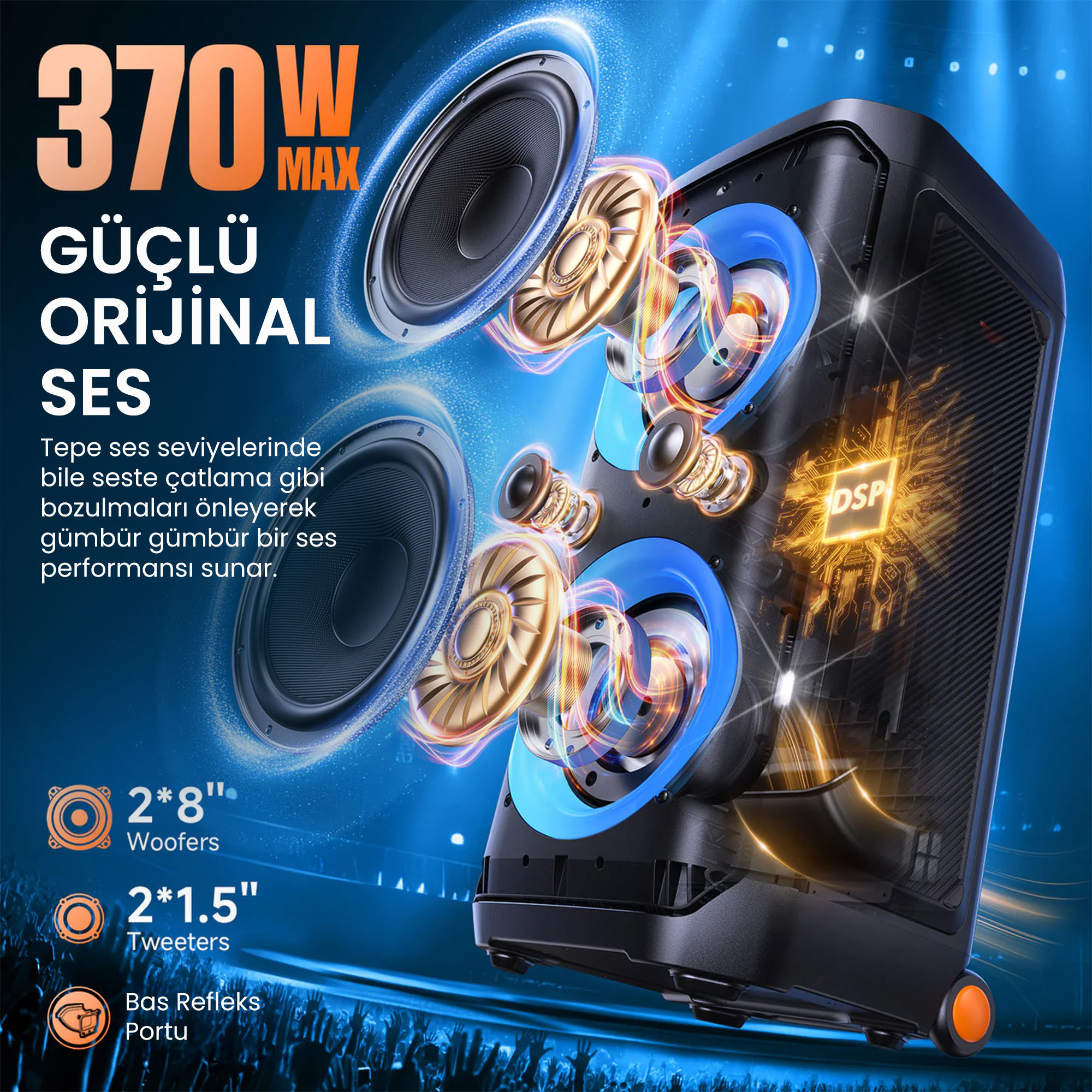 370W MAX gücü belirten, aydınlatmalı sürücülere sahip siyah hoparlör.