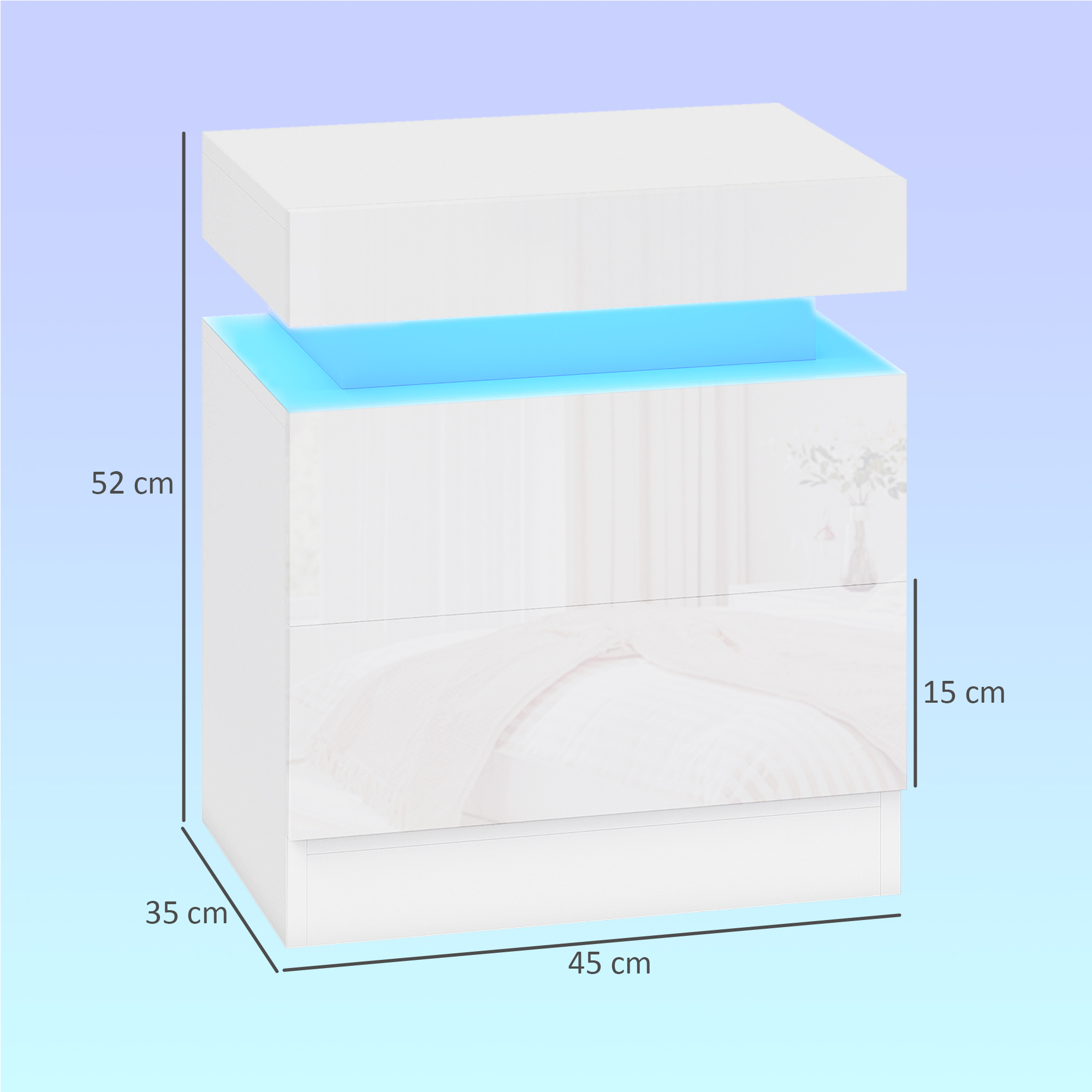 Comodino bianco con tre cassetti e illuminazione blu. Dimensioni: 52x35x45 cm.