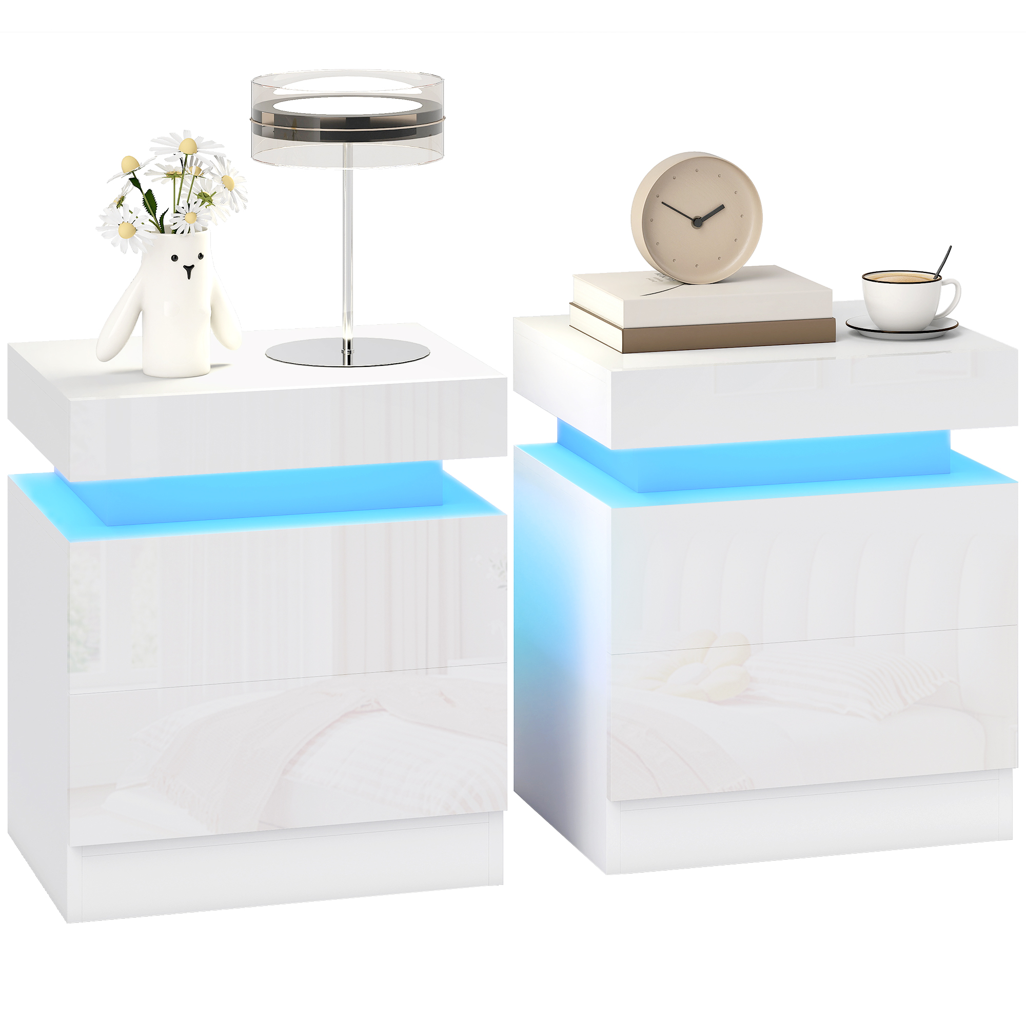 Due comodini bianchi con illuminazione LED blu e oggetti decorativi.