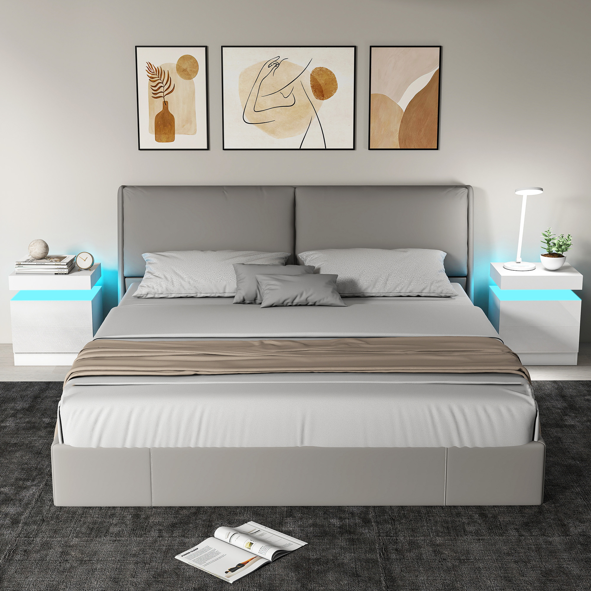 Camera da letto moderna con letto grande, comodini e arte astratta.