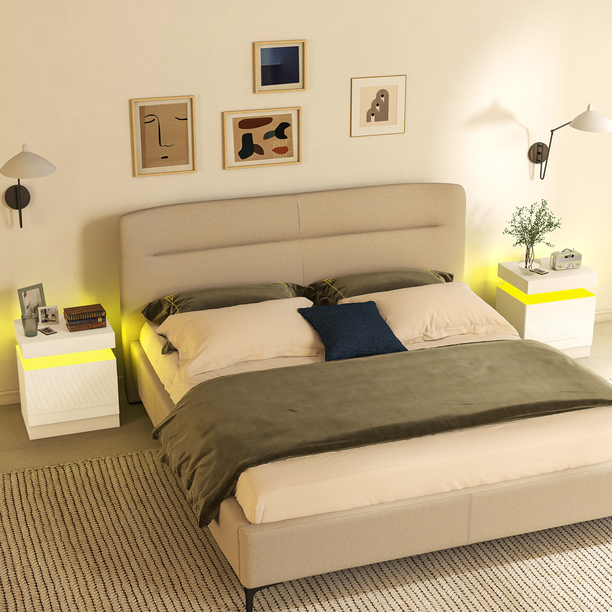 Una camera da letto con letto, comodini, lampade e arte da parete.