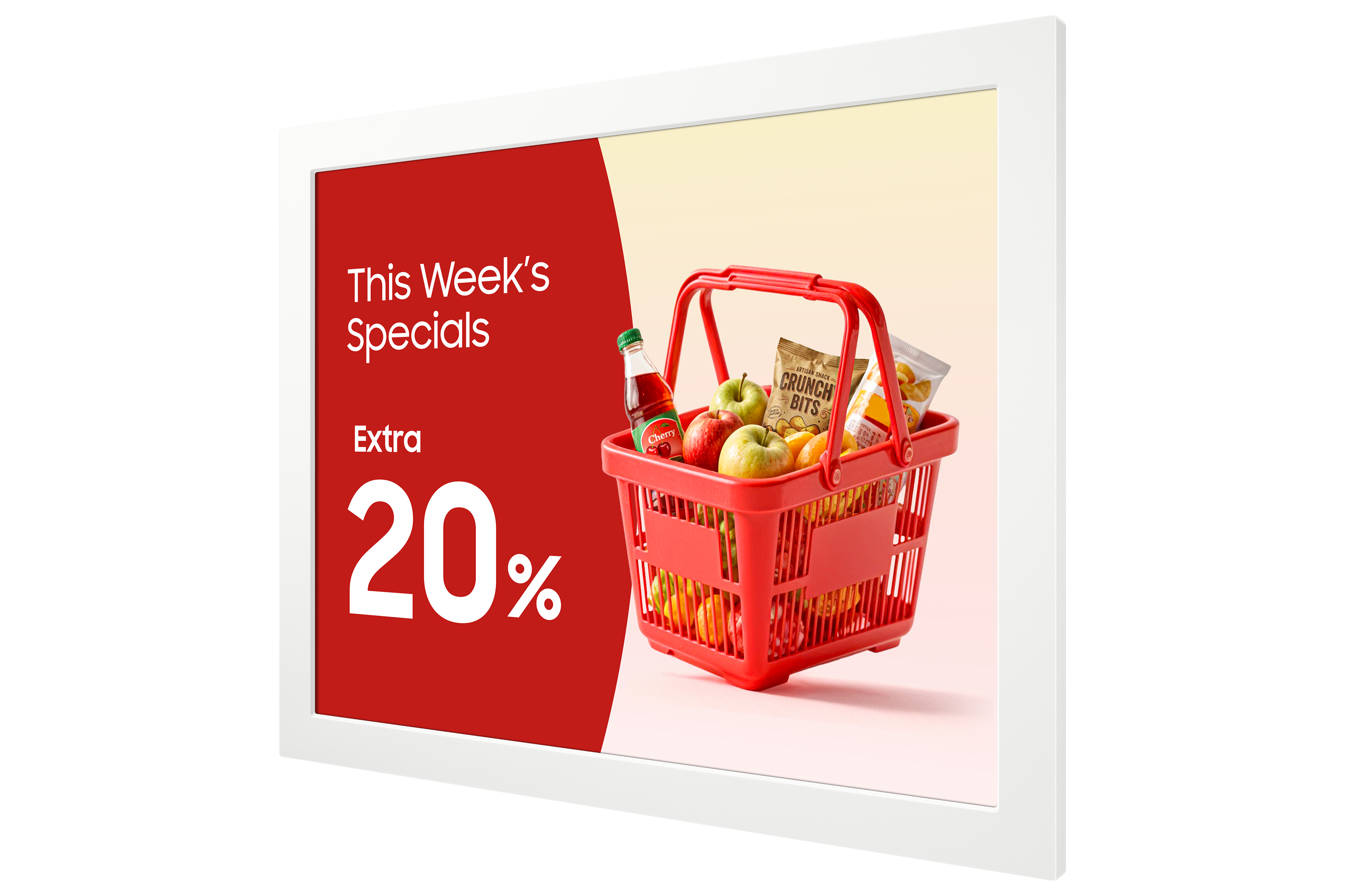 Offerte: Extra 20% di sconto sugli articoli della settimana in un cesto rosso.